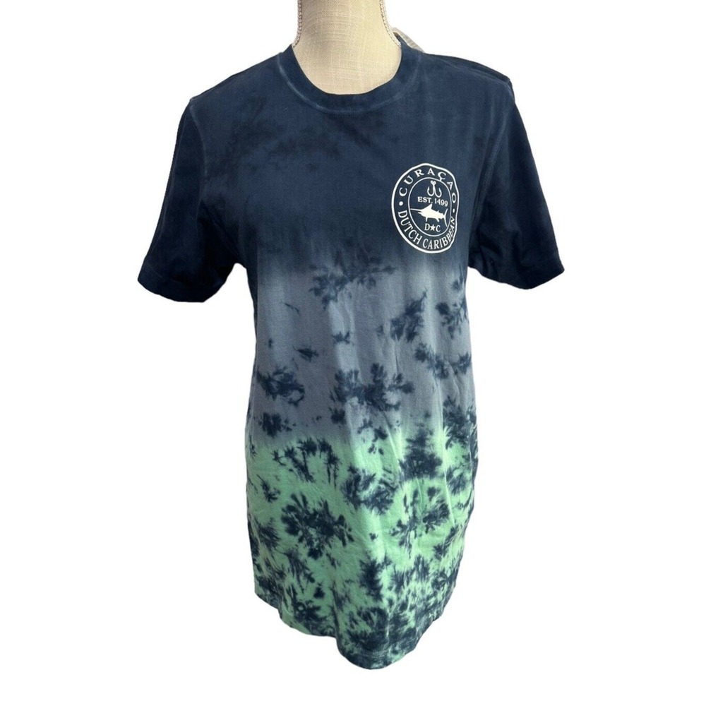 US Vintage Navy Seafoam Tie Dyed Short Sleeve Curacao T-Shirt Sz S Crew Neck Men